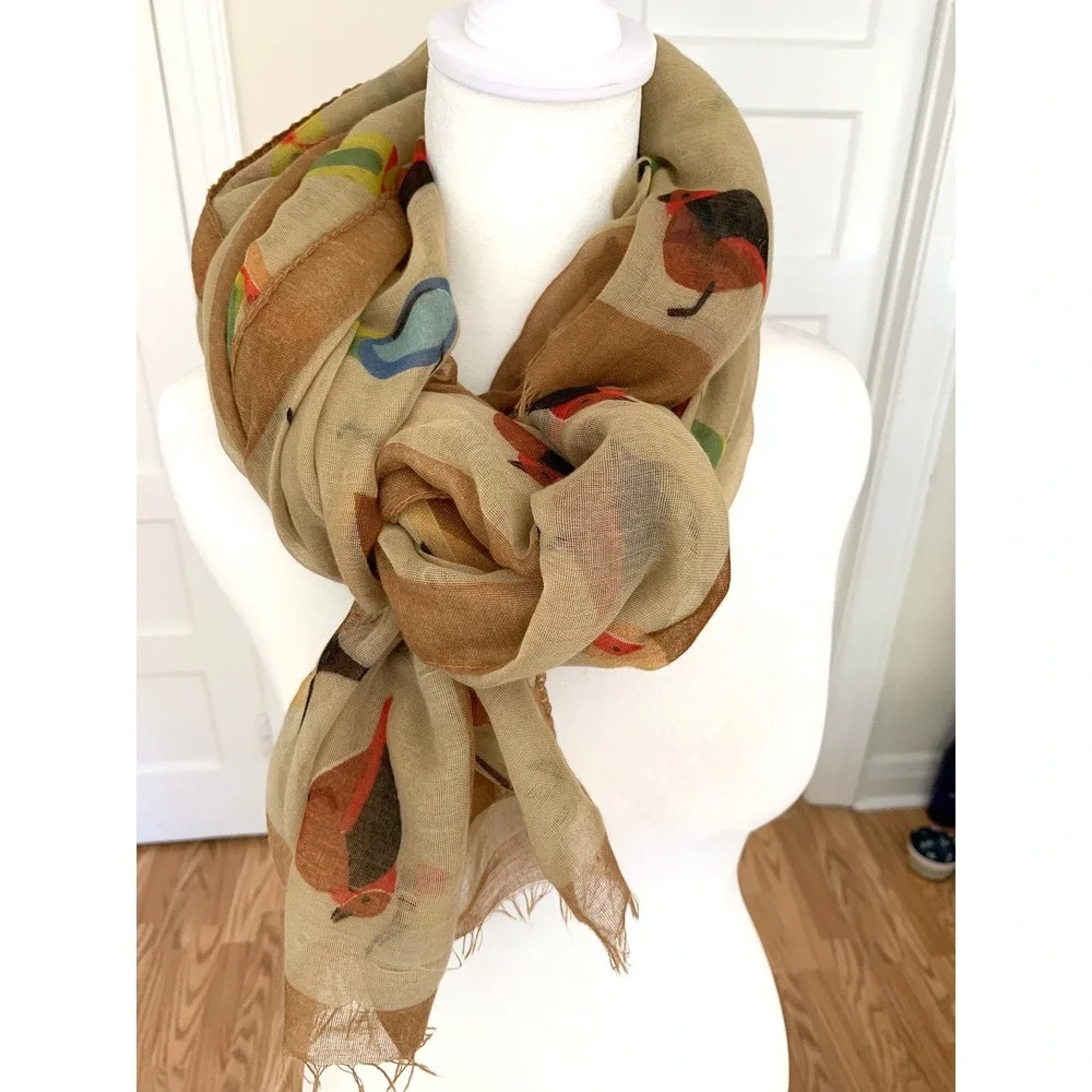 Nobia Songbird Print Scarf Tan Multi Colorful Bird Lightweight Wrap 40x72 fringe